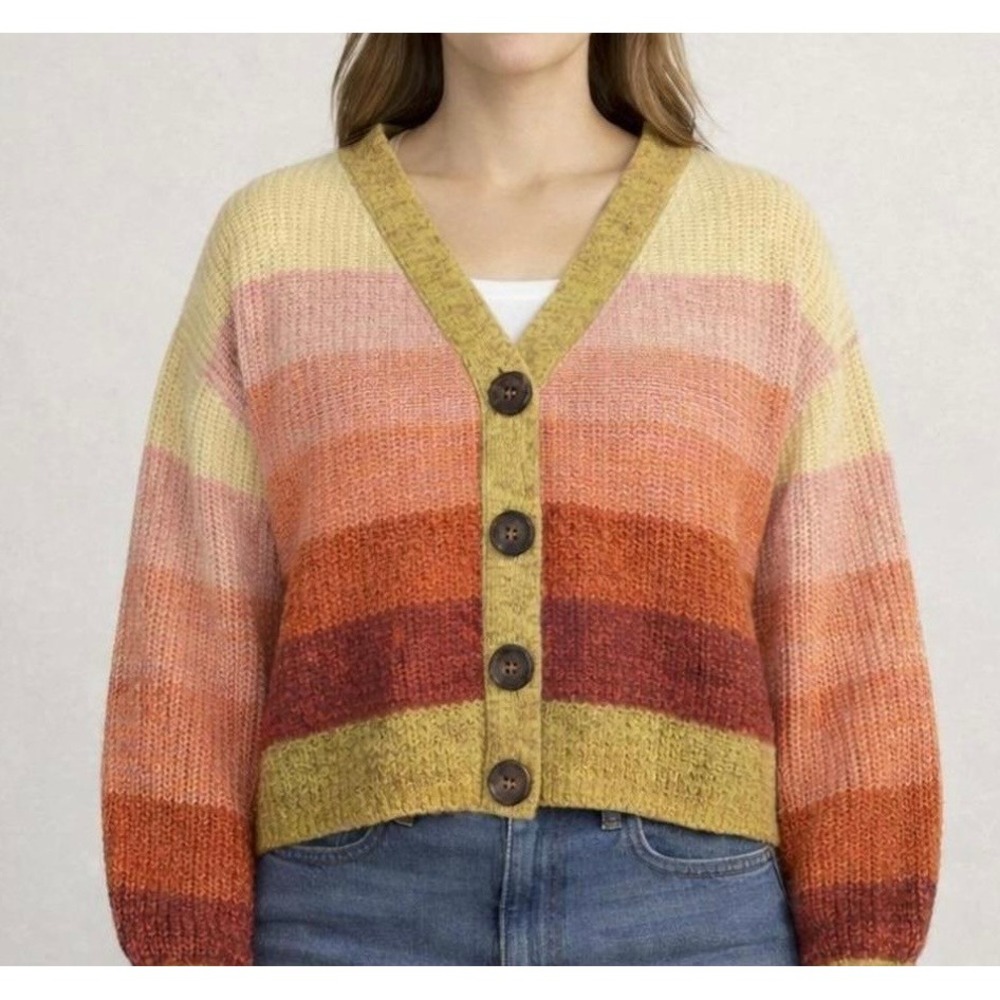 Urban Outfitters Ombre Striped Chunky Knit Cardigan Sweater Yellow Pink Small